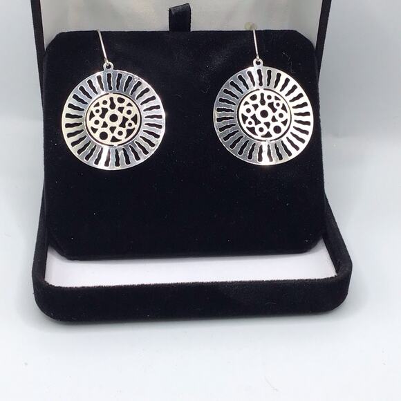 Sterling Silver Sunburst Cutout Dangle Earrings Hook 5.6g Statement Boho - Picture 9 of 13